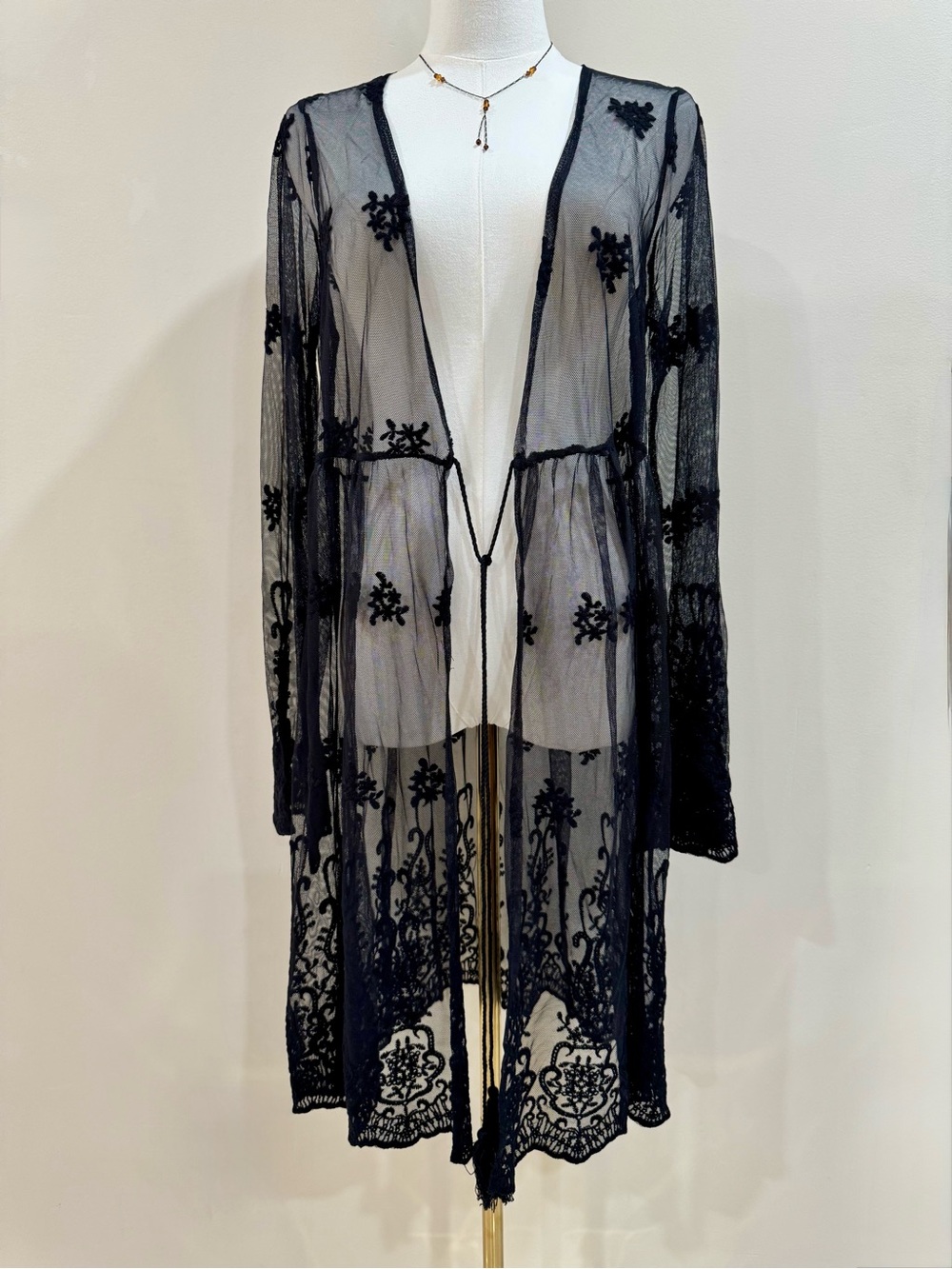 Sheer Black Embroidered Lace Kimono Duster Tassel Tie Boho Festival L